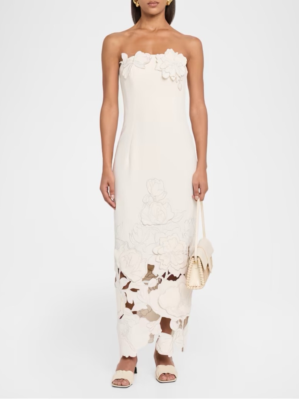 Leo Lin Rayna Strapless Floral Applique Column Maxi Dress Vanilla